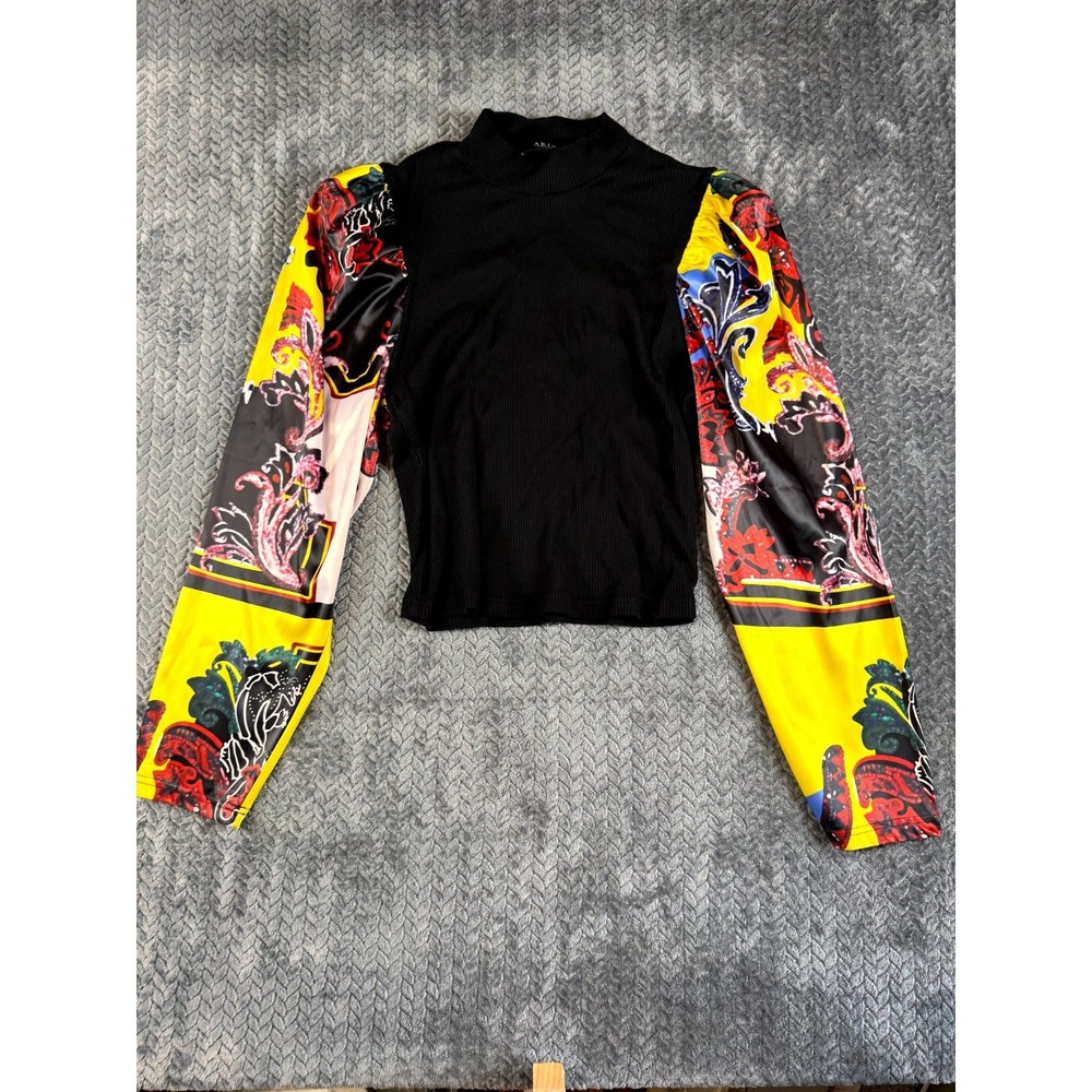 Akira Crop Top Women 2XL Black Yellow Ribbed Satin Paisley Puff Sleeve Mock Neck